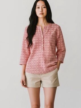 Talbots Blouse Women L Red White Floral 3/4 Sleeve Cotton